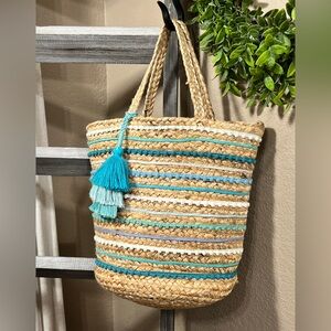 CHICO’S NATURAL w/ BLUE MULTI STRIPE POM POM JUTE EMBELLISHED TOTE BAG